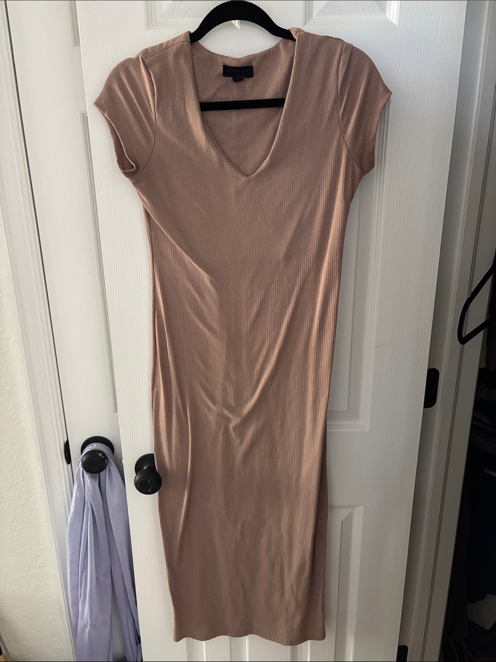 See You Monday Taupe Ribbed V-Neck Midi Dress